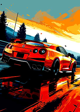 Red Nissan GT-R on a Wet Road
