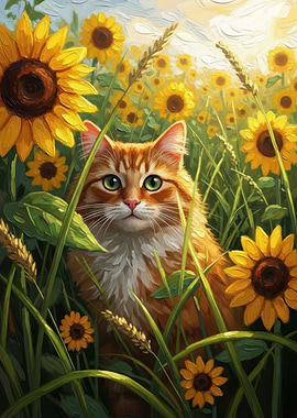 Orange Cat in Sunflower Field