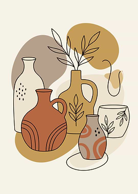 Abstract Ceramic Vases with Botanical Elements