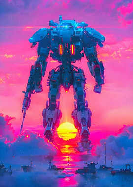 Giant Mech Over Sunset Harbor