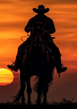 Cowboy Riding Horse at Sunset