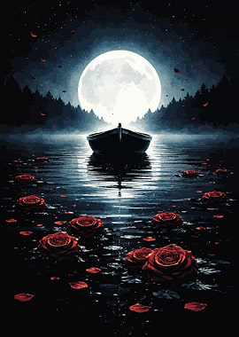Moonlit Boat with Roses
