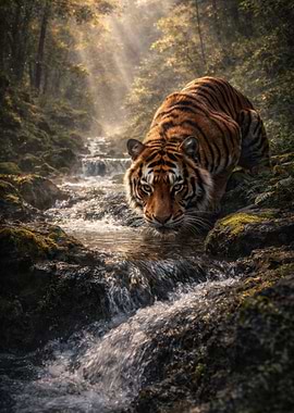 Tiger drinking from a stream