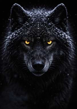 Black wolf with glowing yellow eyes