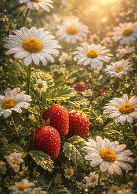 Strawberries and Daisies in Sunlight
