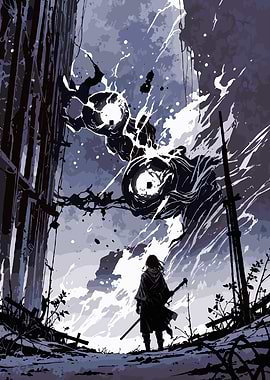 Warrior facing a dark entity