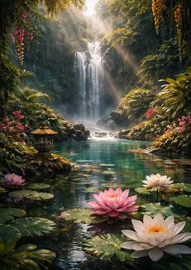 Waterfall Garden with Lotus Flowers