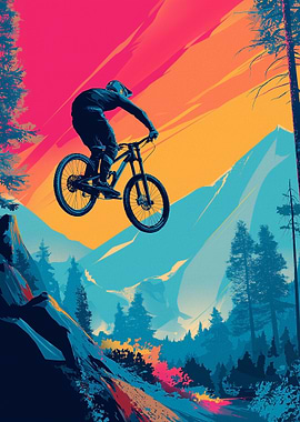 Mountain biker jumping against colorful sky