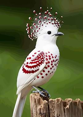 White bird with red spots and crown