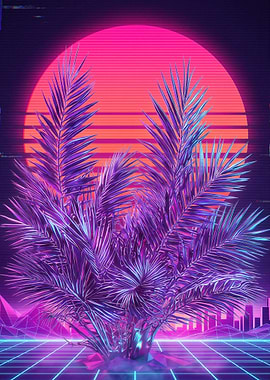 Retro Palm Tree Sunset Grid