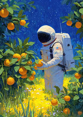 Astronaut picking oranges in space