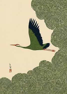 Green Crane Flying Through Swirling Clouds