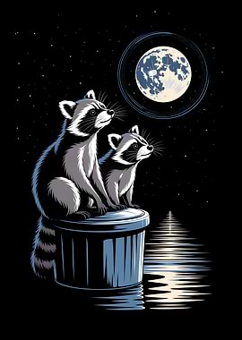 Raccoons Looking at the Moon