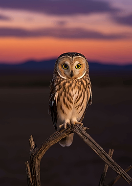 Short-eared owl at sunset