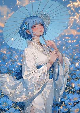 Anime Girl in Kimono with Umbrella