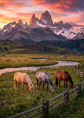 Horses grazing in a mountain landscape at sunset