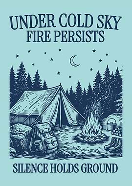 Cold Sky Camping Poster, Winter Campfire Vintage Print, Outdoor Tent Engraving Art