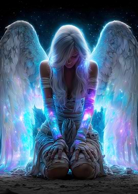 Angel Kneeling in Cosmic Light