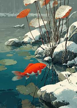 Koi fish in a snowy pond