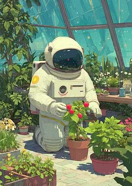 Astronaut gardening in a greenhouse