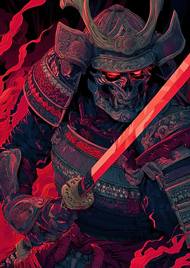 Demonic Samurai with Glowing Red Eyes