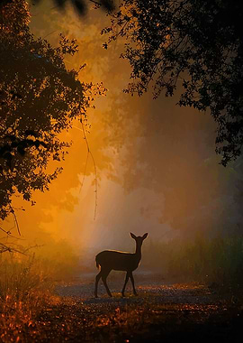 Deer in misty forest at sunrise