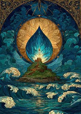 Mystical Island Lighthouse in Water Drop