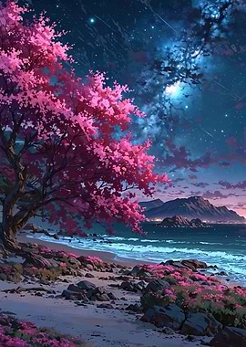 Cherry Blossom Tree by the Sea at Night