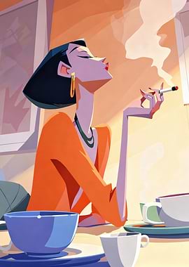Woman Smoking with Coffee