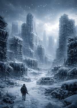 Post-apocalyptic winter cityscape