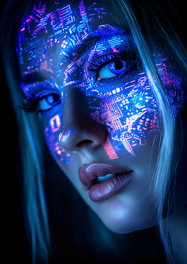 Cyberpunk Woman with Digital Face Overlay