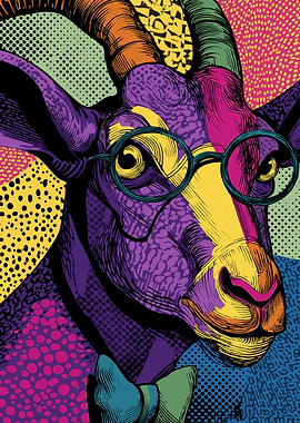 Stylized Goat Wearing Glasses and Bowtie