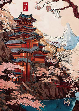 Japanese Temple Amidst Cherry Blossoms