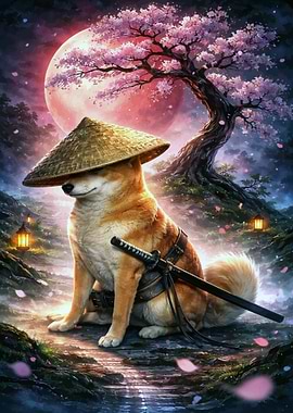 Shiba Inu Samurai Under Cherry Blossoms