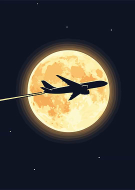 Airplane flying across the moon at night Vector Art