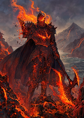 Fiery Knight in Volcanic Landscape