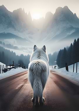White Wolf on Snowy Road