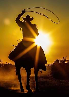 Cowboy Lassoing at Sunset