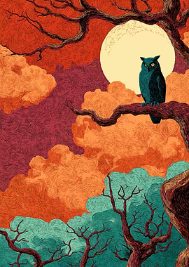 Owl on a branch under the moon