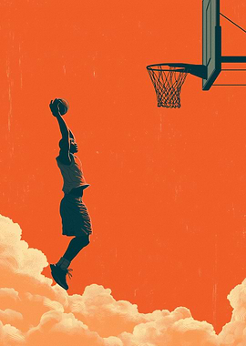 Basketball player dunking over clouds