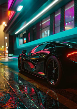 Cyberpunk Car on Wet Street
