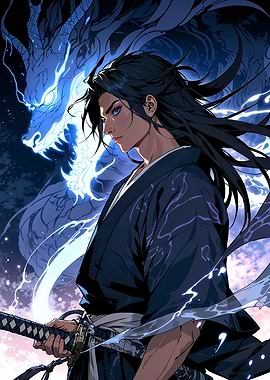 Samurai with Blue Dragon Spirit