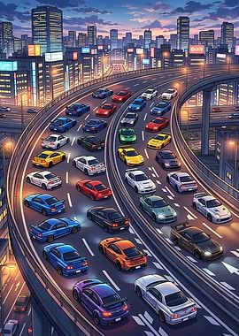 Anime Cityscape with Racing Cars
