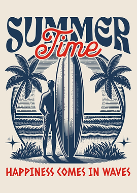 Summer Time Surf Poster, Vintage Beach Wall Art, Happiness Comes In Waves Retro Print