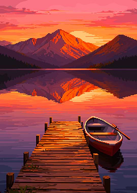 Pixel Art Sunset Dock with Boat