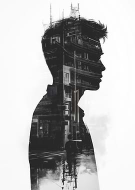 Double Exposure Silhouette of a Man and Cityscape