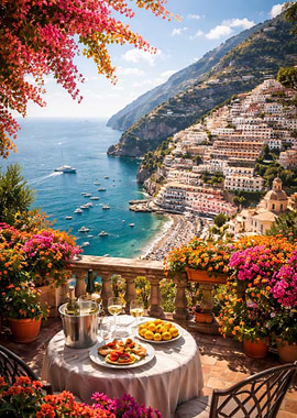 Positano Balcony View with Food and Wine