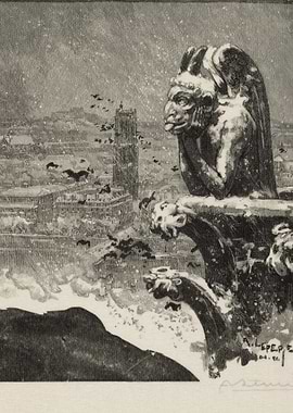 Gargoyle overlooking a snowy cityscape