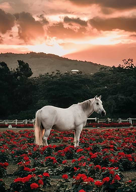 White horse in a field of red flowers