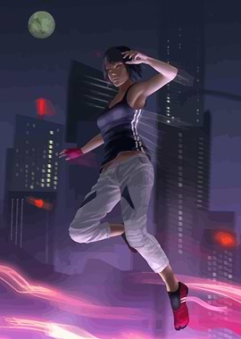 Female parkour runner in a city at night